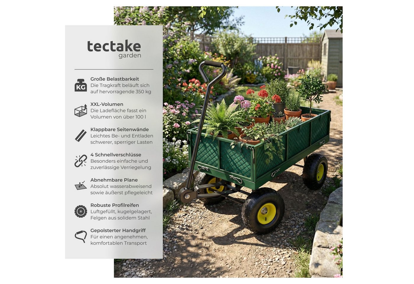 tectake Bollerwagen Handwagen max. 350kg, Kippfunktion mit klappbaren Seitenwänden (1 Transportwagen, 1-tlg., 105L Volumen in Grün), mit klappbaren Seitenwänden – Bild 2 von 5