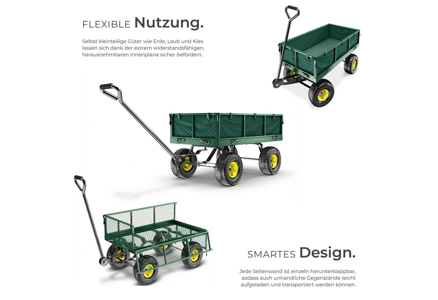 tectake Bollerwagen Handwagen max. 350kg, Kippfunktion mit klappbaren Seitenwänden (1 Transportwagen, 1-tlg., 105L Volumen in Grün), mit klappbaren Seitenwänden – Bild 3 von 5