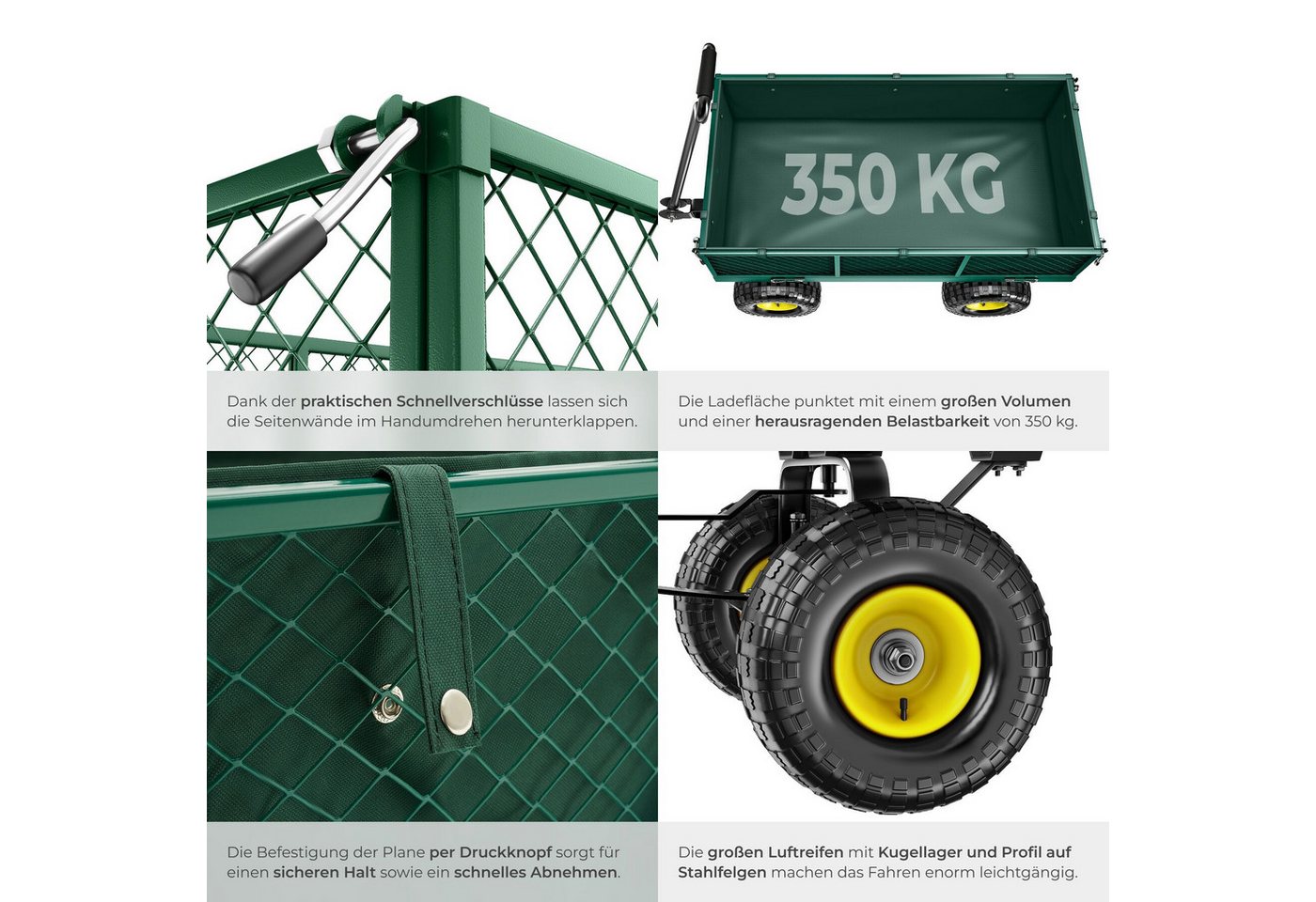 tectake Bollerwagen Handwagen max. 350kg, Kippfunktion mit klappbaren Seitenwänden (1 Transportwagen, 1-tlg., 105L Volumen in Grün), mit klappbaren Seitenwänden – Bild 5 von 5