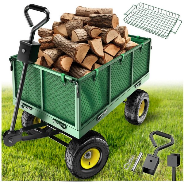 tectake Bollerwagen Handwagen mit Ablage max. 550kg mit klappbaren Seitenwänden (1 Transportwagen, 1-tlg., 150L Volumen in Grün), mit klappbaren Seitenwänden