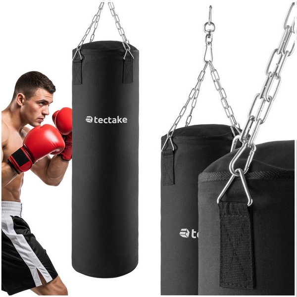 tectake Boxsack Schlagtrainer, gefüllt und hängend, 25 kg, Maße: 28 x 105 cm (Punching Bag, in schwarz), Inklusive Karabinerhaken und 4-Punkt-Stahlkette mit Dre