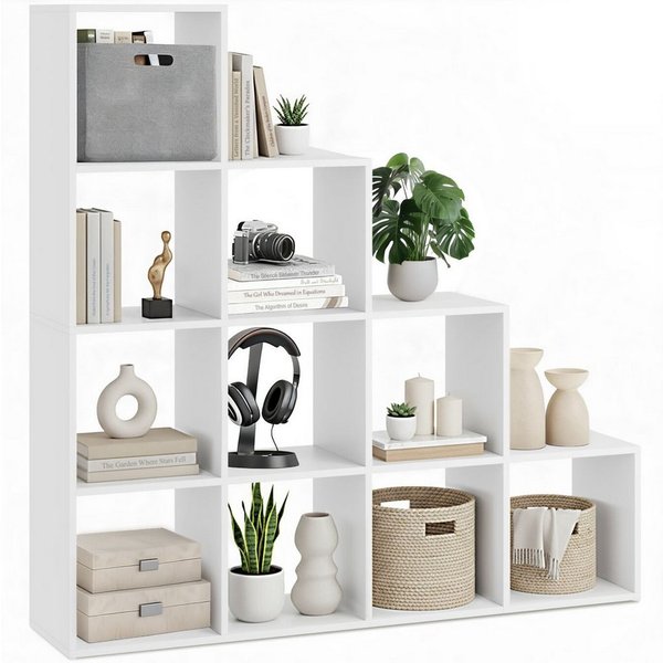 tectake Bücherregal Bücherwand mit 10 Fächern, Belastbarkeit 100 kg, 130 x 29 cm x 130, Holzregal Talisa 1-tlg., Würfeldesign, bodenschonend, vielseitig verwend