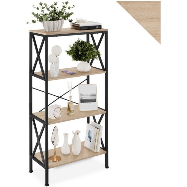 tectake Bücherregal Standregal, 4 Ebenen, inklusive Kippschutz, 61,5 x 31,5 x 133,5 cm, Holzregal Barry 1-tlg., mit seitlichen X-Streben, mit höhenverstellbaren