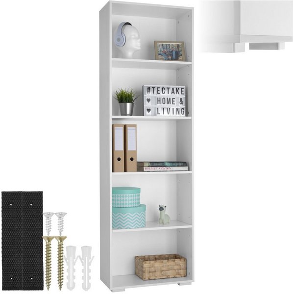 tectake Bücherregal Standregal mit 5 Fächern, MDF, 60 x 30 x 190 cm, Holzregal Lexi 1-tlg., bodenschonende Kunststofffüße, vielseitig verwendbar, mit Kippschutz