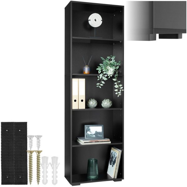 tectake Bücherregal Standregal mit 5 Fächern und Kippschutz, 60 x 30 x 190 cm, Holzregal Lexi 1-tlg., MDF, bodenschonende Kunststofffüße, vielseitig verwendbar