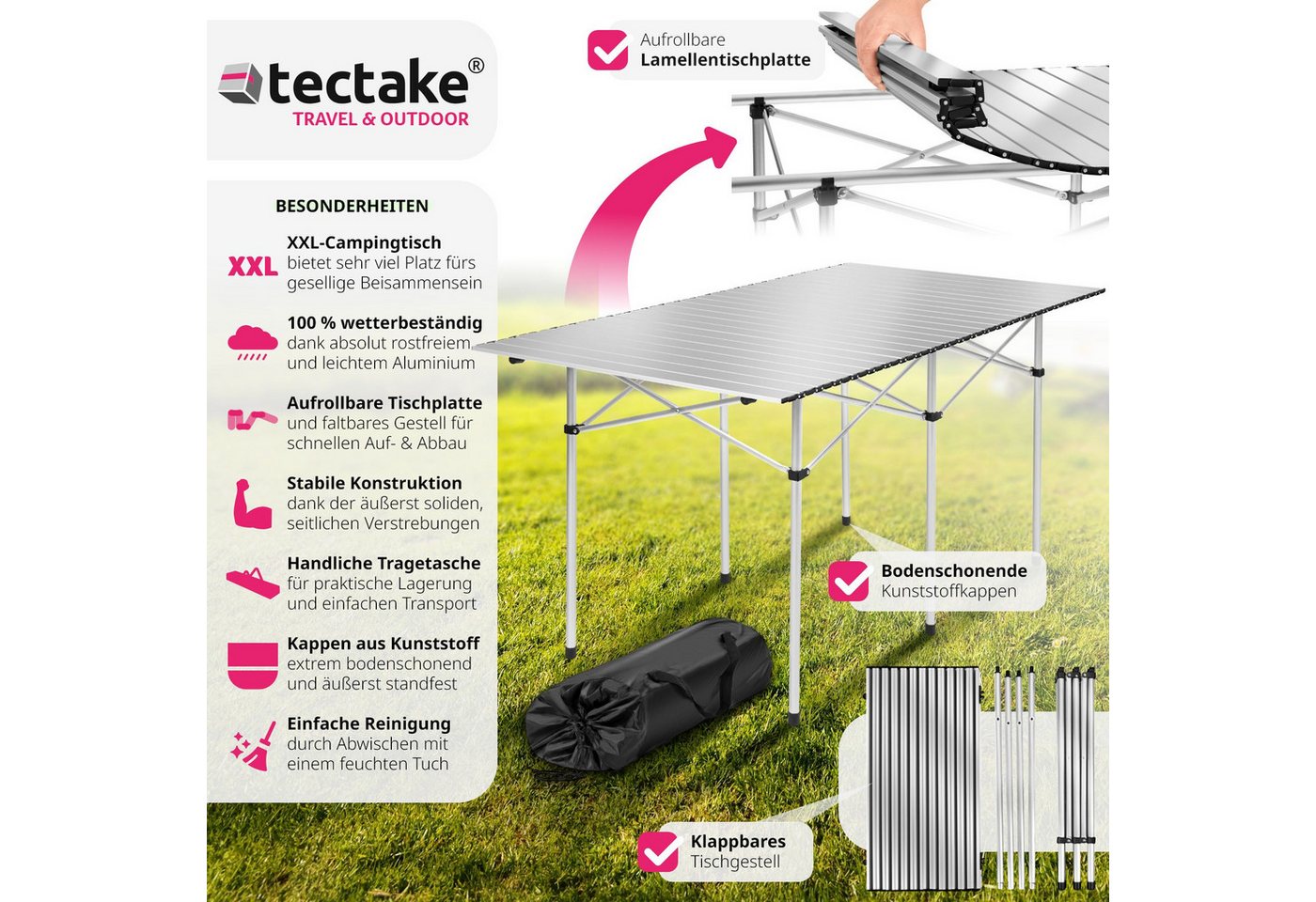 tectake Campingtisch Aluminium-Camping-Klapptisch, 140 x 70 x 70 cm, lässt sich klappen (Outdoor-Tisch, 1-St., in grau), Wetterfest, bodenschonende Kunststoffka – Bild 2 von 5