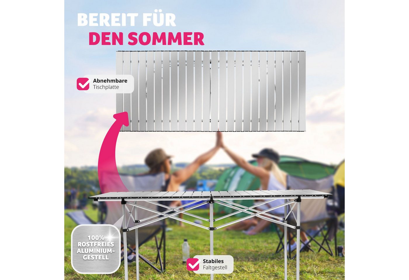 tectake Campingtisch Aluminium-Camping-Klapptisch, 140 x 70 x 70 cm, lässt sich klappen (Outdoor-Tisch, 1-St., in grau), Wetterfest, bodenschonende Kunststoffka – Bild 3 von 5