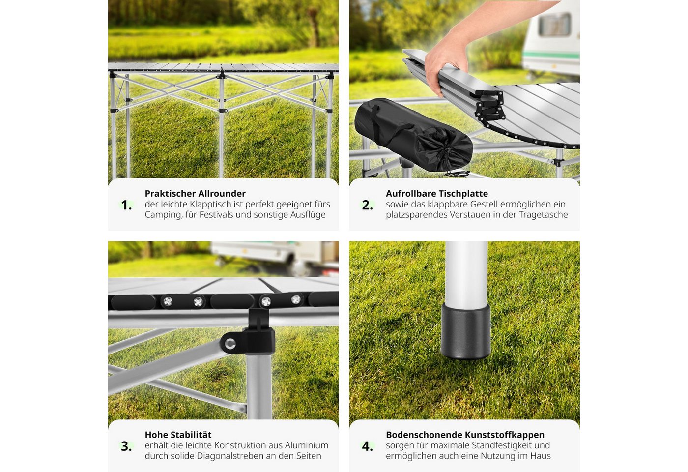 tectake Campingtisch Aluminium-Camping-Klapptisch, 140 x 70 x 70 cm, lässt sich klappen (Outdoor-Tisch, 1-St., in grau), Wetterfest, bodenschonende Kunststoffka – Bild 4 von 5