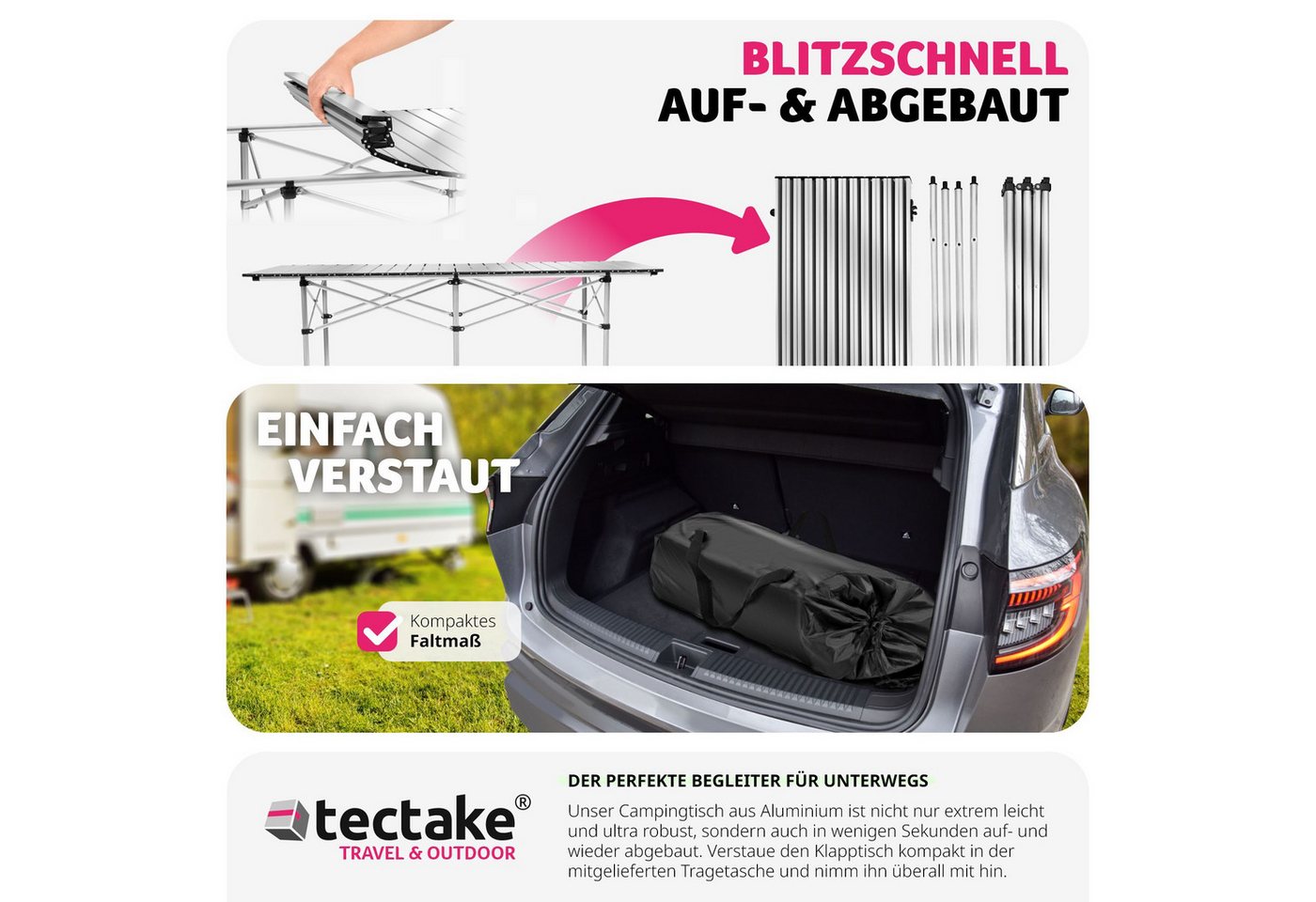 tectake Campingtisch Aluminium-Camping-Klapptisch, 140 x 70 x 70 cm, lässt sich klappen (Outdoor-Tisch, 1-St., in grau), Wetterfest, bodenschonende Kunststoffka – Bild 5 von 5
