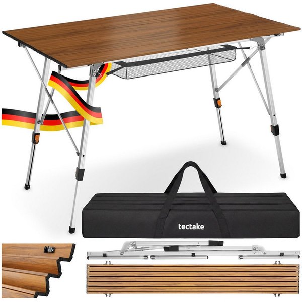 tectake Campingtisch Aluminium Klapptisch - faltbar, wetterfest, 90 x 52 x 47 - 70 cm (Outdoor Beistelltisch Tina, 1-St., in Holzoptik), höhenverstellbar, mit A