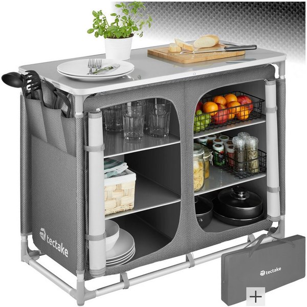 tectake Campingtisch Camping-Klapptisch, Maße: 97 x 47,5 x 78 cm, lässt sich falten (Outdoor-Tisch, 1-St., in grau), Wetterbeständig, Stauraum mit 6 Fächern, in