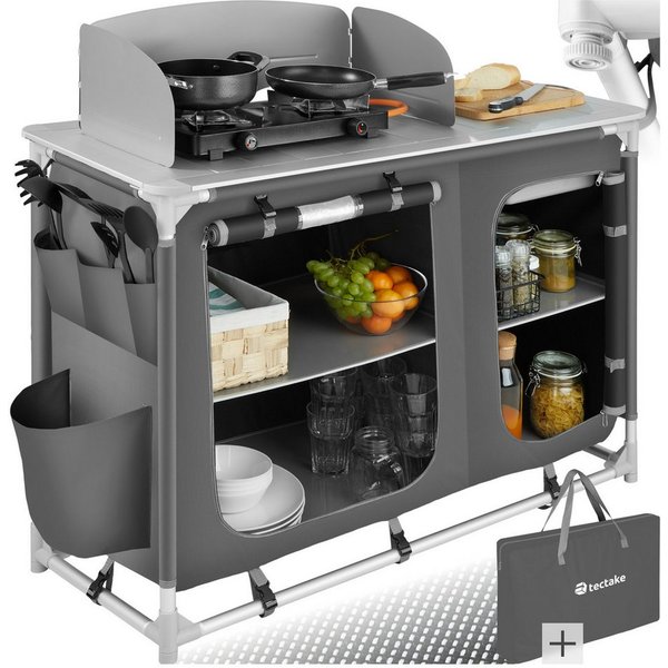 tectake Campingtisch Camping-Klapptisch, Maße: 116 x 52 x 107 cm, wetterbeständig (Outdoor-Tisch, 1-St., in grau), Faltbar, mit viel Stauraum, Windschutz und Sp
