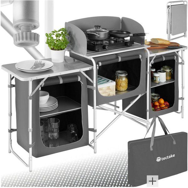 tectake Campingtisch Campingküche XXL mit Aluminiumgestell und 5 Fächern (Outdoor küchenausstattung, 1-St., in Grad), Hitzebeständige Arbeitsplatte mit Windschu