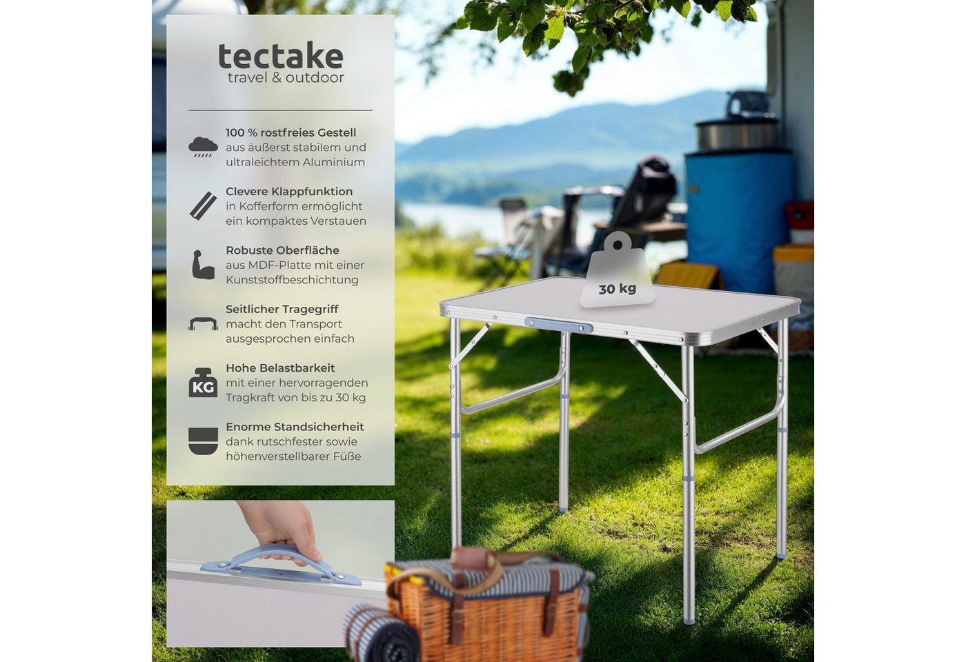 tectake Campingtisch Outdoor-Klapptisch, 75 x 55 x 68 cm, klappbar und wetterfest (Falttisch Lothar, 1-St., in grau), anschraubbare, höhenverstellbare Beine und – Bild 2 von 5