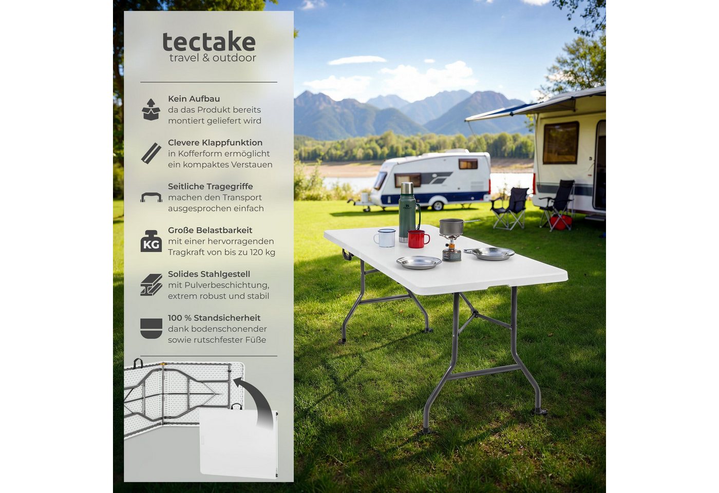 tectake Campingtisch Outdoor-Tisch klappbar, gummierter Tragegriff, 120 kg Belastbarkeit (Klapptisch Panja, 1-St., in weiß), wetterfest, robuster Kunststoff, bo – Bild 2 von 5