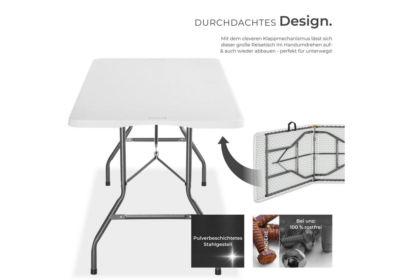 tectake Campingtisch Outdoor-Tisch klappbar, gummierter Tragegriff, 120 kg Belastbarkeit (Klapptisch Panja, 1-St., in weiß), wetterfest, robuster Kunststoff, bo – Bild 3 von 5