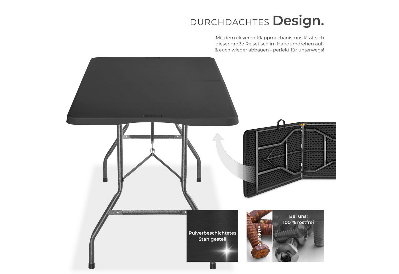 tectake Campingtisch Outdoor-Tisch klappbar, gummierter Tragegriff, 120 kg Belastbarkeit (Klapptisch Panja, 1-St., in anthrazit), wetterfest, robuster Kunststof – Bild 3 von 5