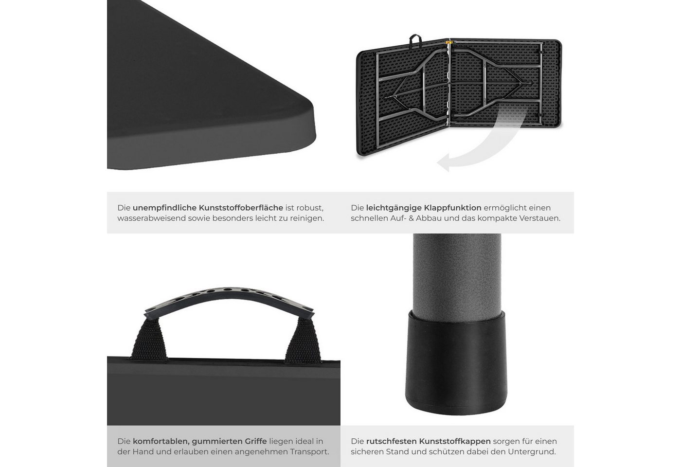 tectake Campingtisch Outdoor-Tisch klappbar, gummierter Tragegriff, 120 kg Belastbarkeit (Klapptisch Panja, 1-St., in anthrazit), wetterfest, robuster Kunststof – Bild 4 von 5