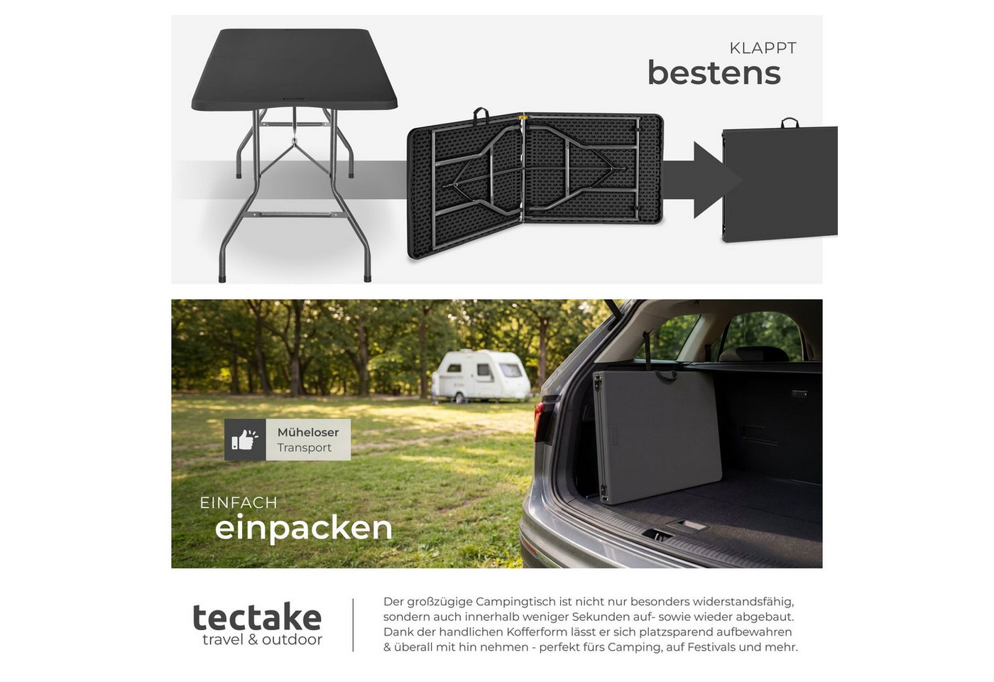 tectake Campingtisch Outdoor-Tisch klappbar, gummierter Tragegriff, 120 kg Belastbarkeit (Klapptisch Panja, 1-St., in anthrazit), wetterfest, robuster Kunststof – Bild 5 von 5