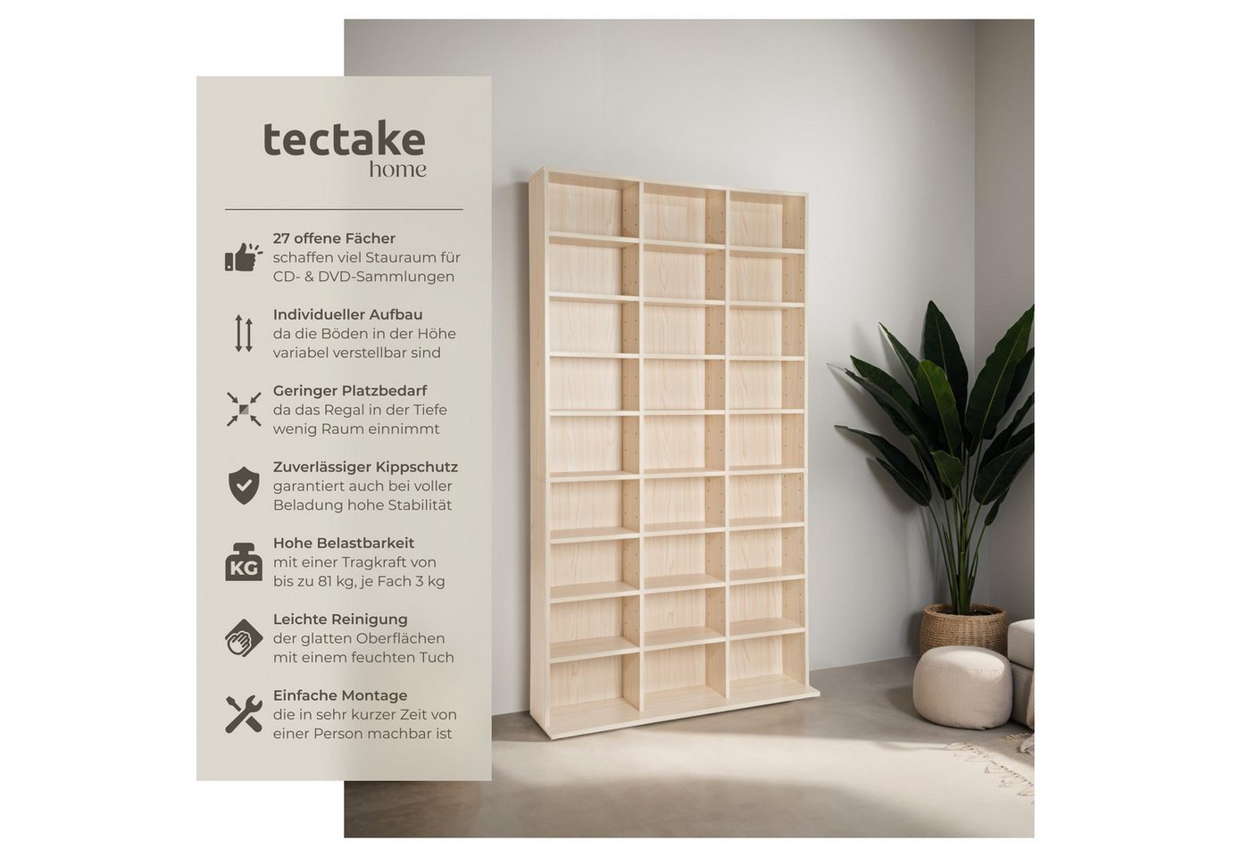 tectake CD-Regal CD Aufbewahrung in Holzoptik, 27 Fächer, variabel, 180x102x23,5 cm, Cd Sammelregal Christel 1-tlg., für bis zu 1080 CDs, Inkl. Montagematerial  – Bild 2 von 5