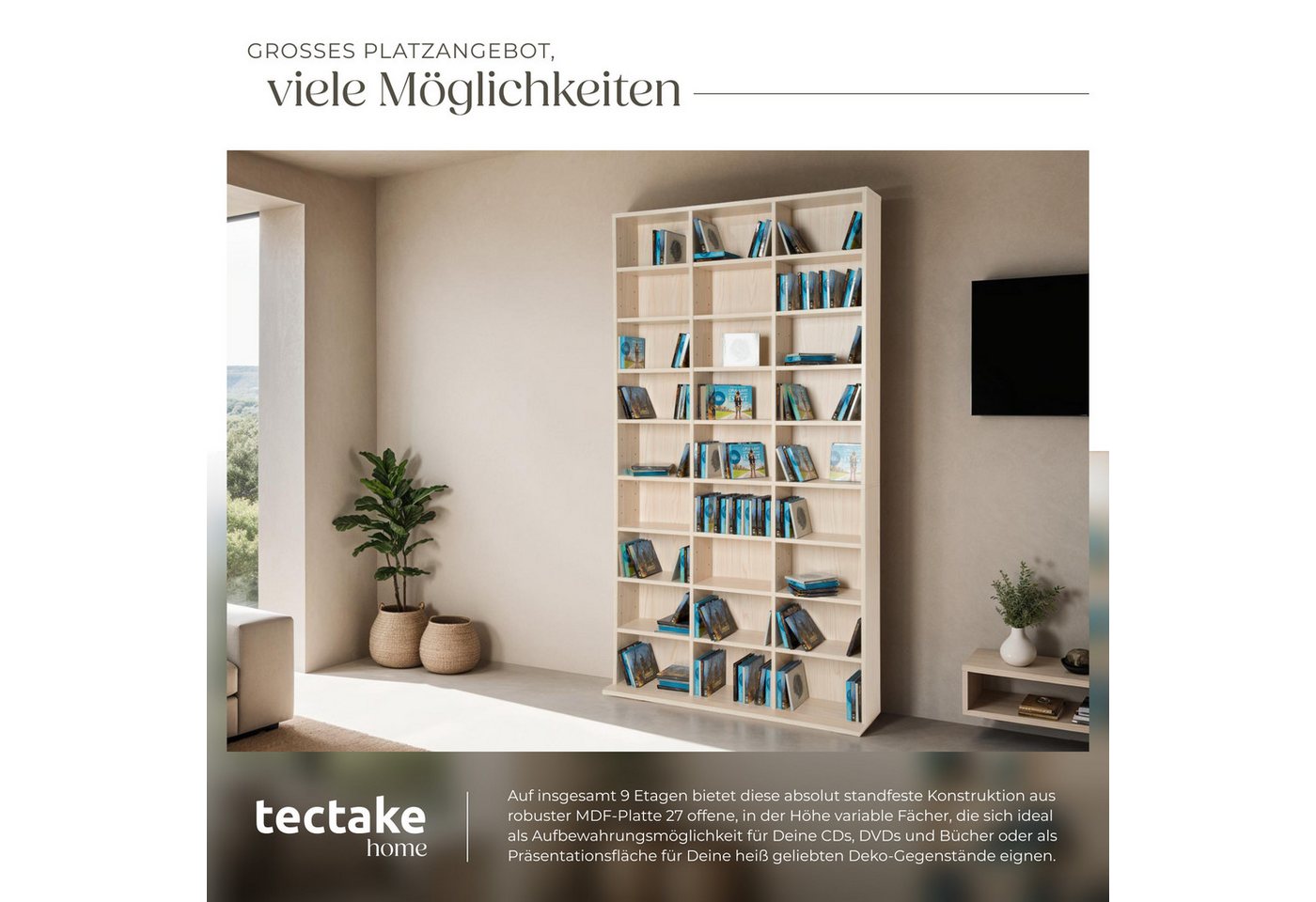 tectake CD-Regal CD Aufbewahrung in Holzoptik, 27 Fächer, variabel, 180x102x23,5 cm, Cd Sammelregal Christel 1-tlg., für bis zu 1080 CDs, Inkl. Montagematerial  – Bild 3 von 5