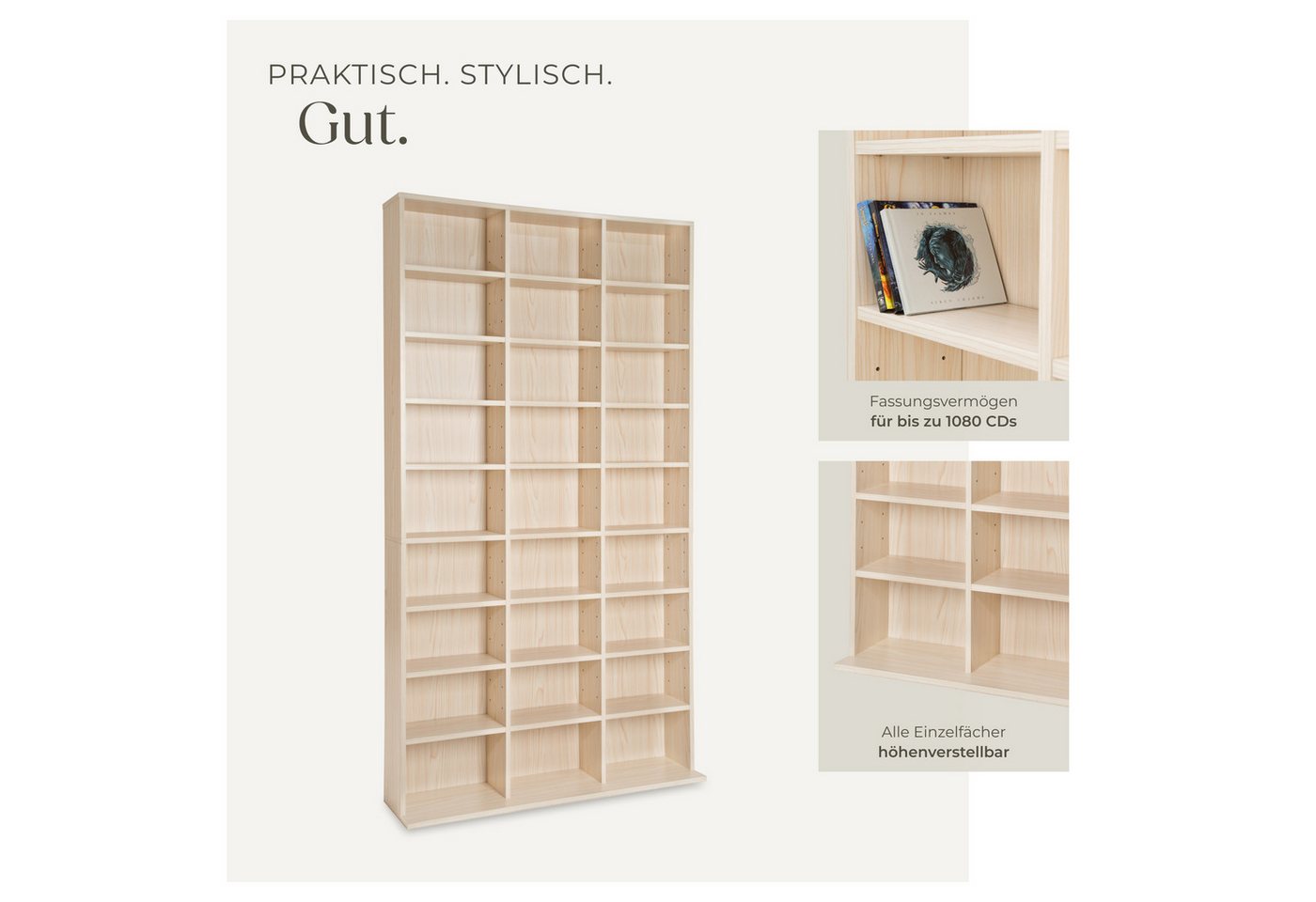 tectake CD-Regal CD Aufbewahrung in Holzoptik, 27 Fächer, variabel, 180x102x23,5 cm, Cd Sammelregal Christel 1-tlg., für bis zu 1080 CDs, Inkl. Montagematerial  – Bild 4 von 5