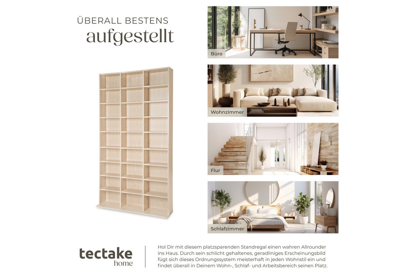 tectake CD-Regal CD Aufbewahrung in Holzoptik, 27 Fächer, variabel, 180x102x23,5 cm, Cd Sammelregal Christel 1-tlg., für bis zu 1080 CDs, Inkl. Montagematerial  – Bild 5 von 5