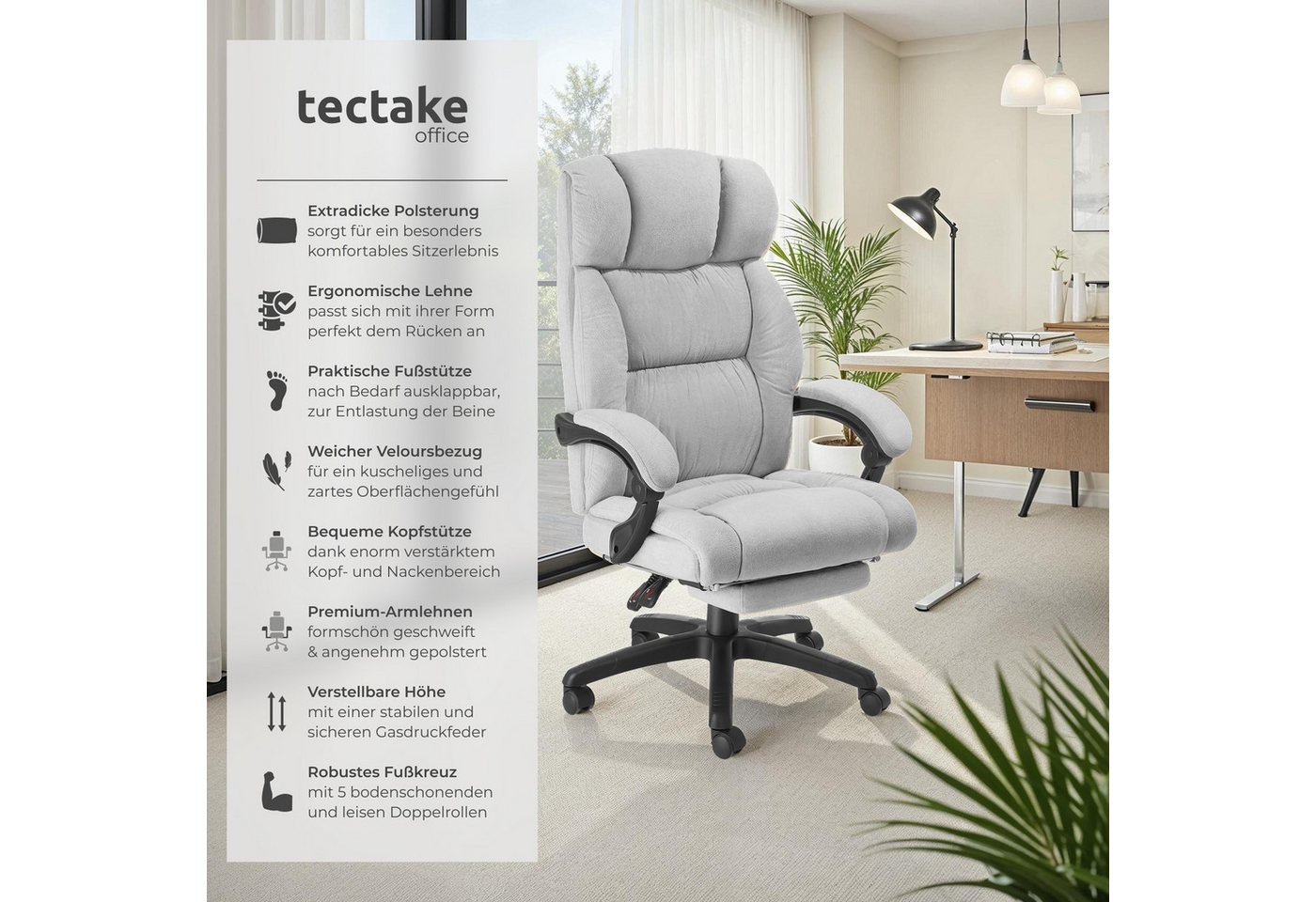 tectake Chefsessel Bürostuhl, Belastbarkeit 120 kg, dicke Polsterung mit weichem (Schreibtischstuhl Jillien, 1 St), Ergonomische Form, um 360° drehbar, stufenlo – Bild 2 von 5