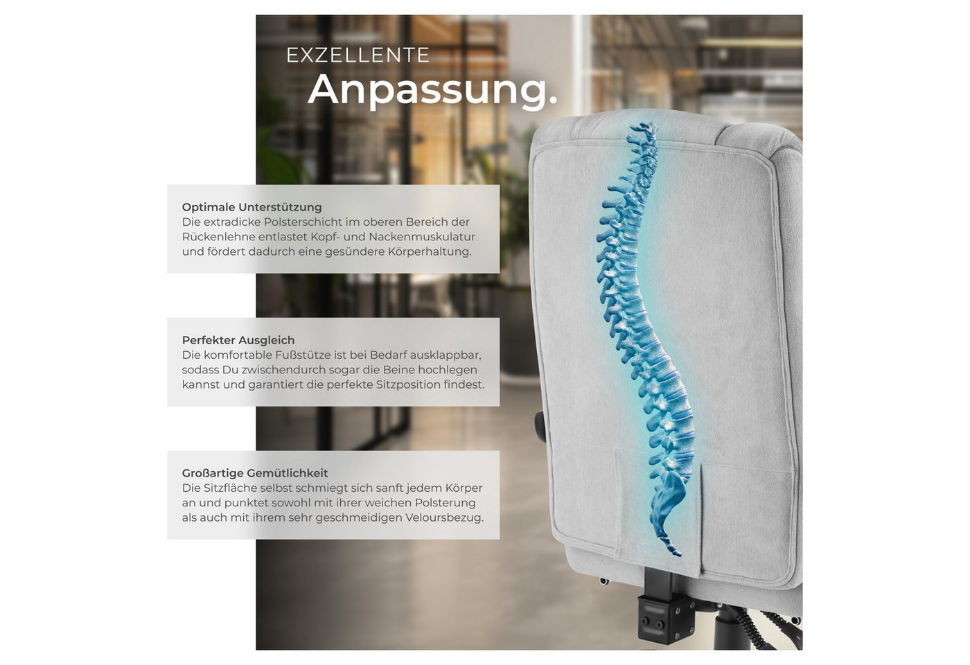 tectake Chefsessel Bürostuhl, Belastbarkeit 120 kg, dicke Polsterung mit weichem (Schreibtischstuhl Jillien, 1 St), Ergonomische Form, um 360° drehbar, stufenlo – Bild 4 von 5