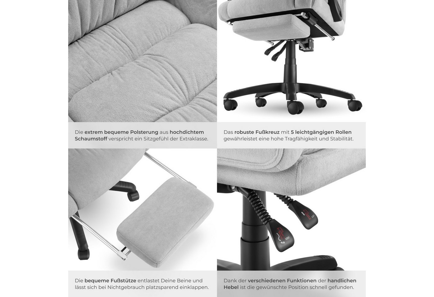 tectake Chefsessel Bürostuhl, Belastbarkeit 120 kg, dicke Polsterung mit weichem (Schreibtischstuhl Jillien, 1 St), Ergonomische Form, um 360° drehbar, stufenlo – Bild 5 von 5