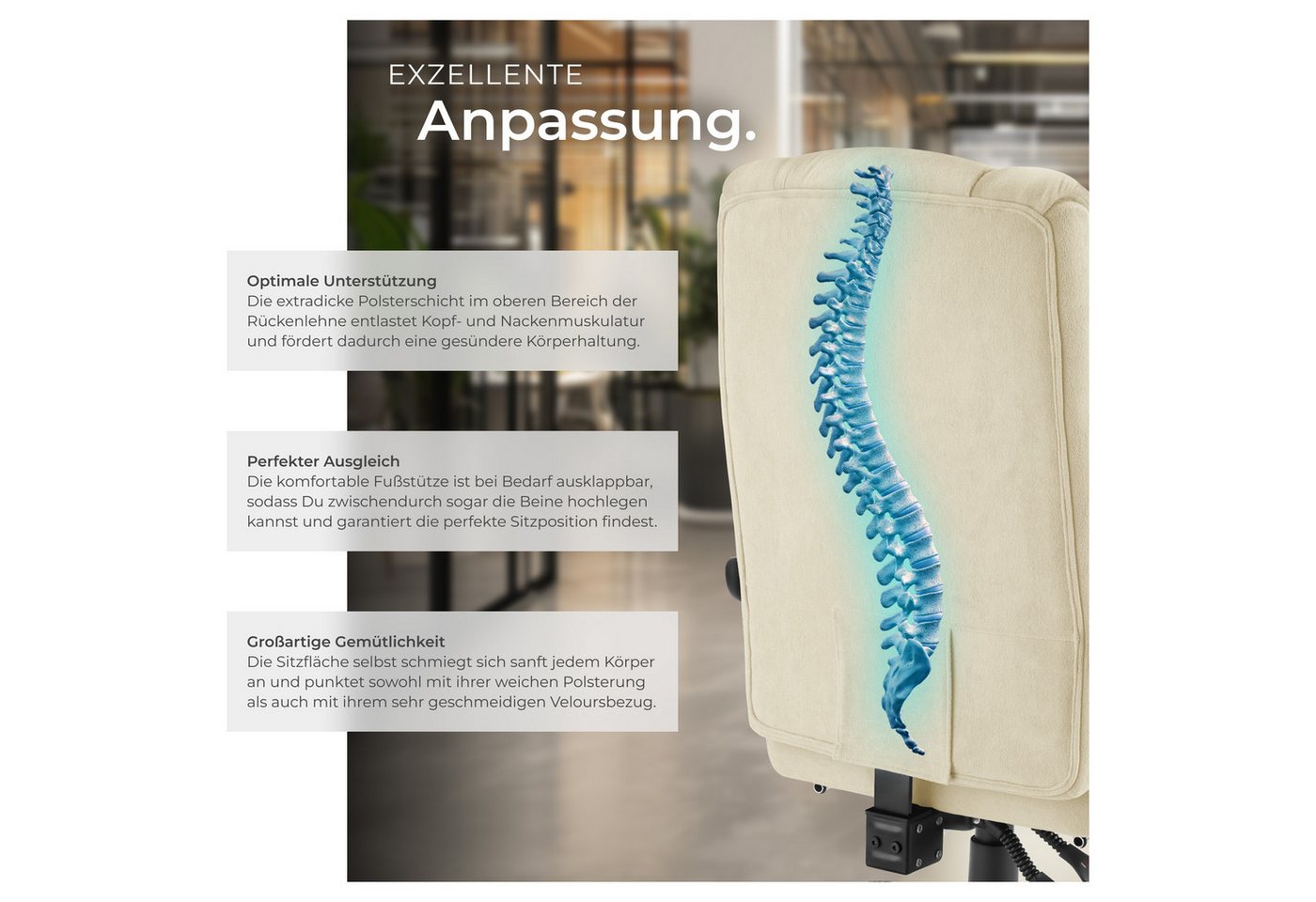 tectake Chefsessel Bürostuhl, Belastbarkeit 120 kg, dicke Polsterung mit weichem (Schreibtischstuhl Jillien, 1 St), Ergonomische Form, um 360° drehbar, stufenlo – Bild 4 von 5