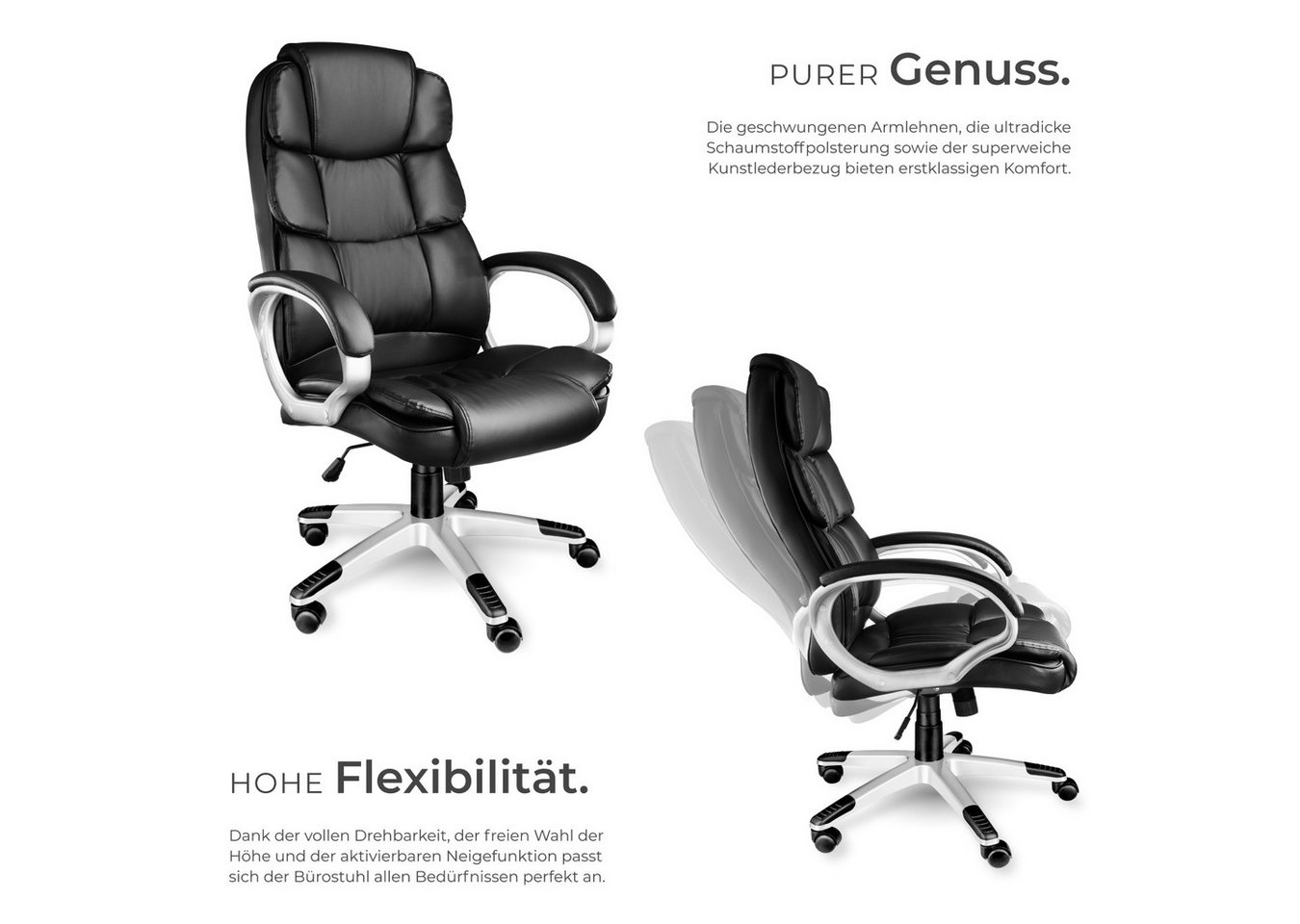 tectake Chefsessel Drehstuhl mit 360° Drehfunktion, gepolsterten Armlehnen und (Bürostuhl Lederoptik Jonas, 1 St), Ergonomische Form und einstellbare Wippfunkti – Bild 3 von 5