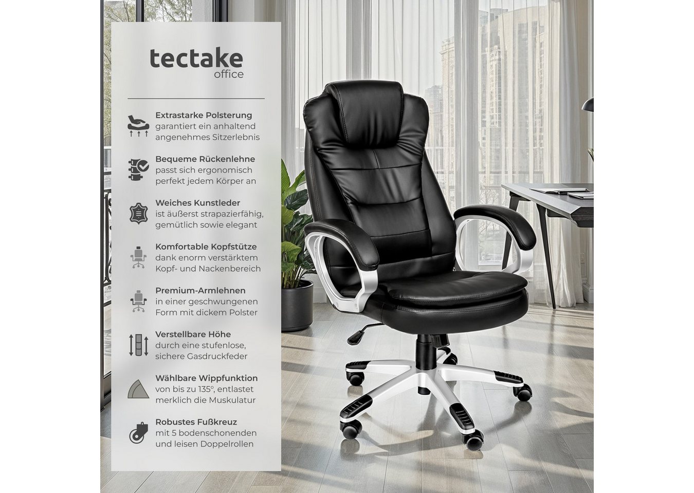 tectake Chefsessel Schreibtischstuhl mit extradicker Polsterung (buerostuhl ergonomisch Zulu, 1 St), verstärkte Nackenkopfstütze und Wippmechanik – Bild 2 von 5