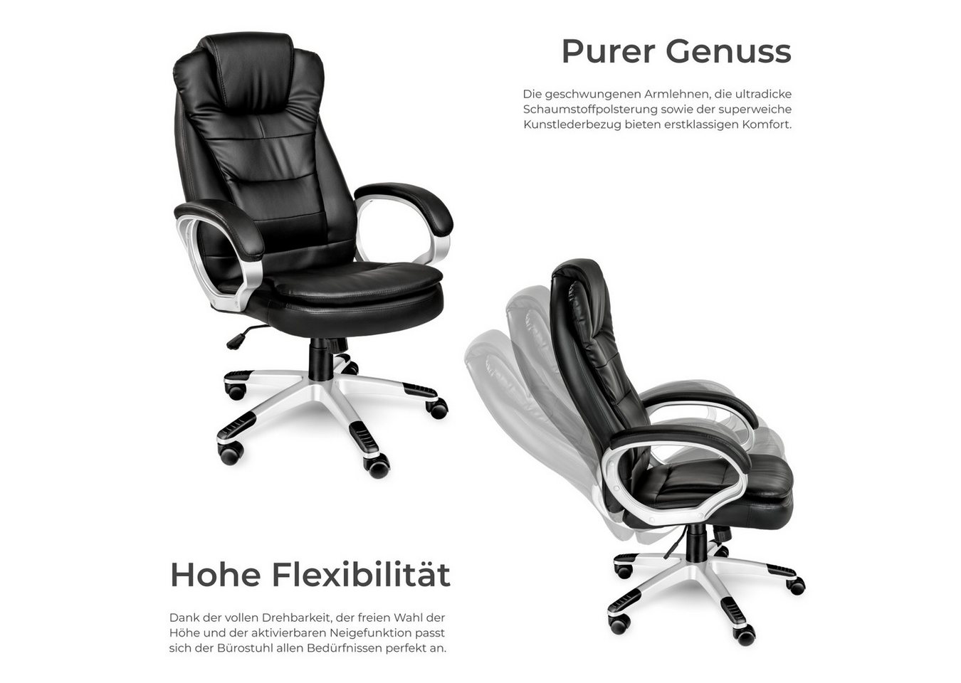 tectake Chefsessel Schreibtischstuhl mit extradicker Polsterung (buerostuhl ergonomisch Zulu, 1 St), verstärkte Nackenkopfstütze und Wippmechanik – Bild 3 von 5