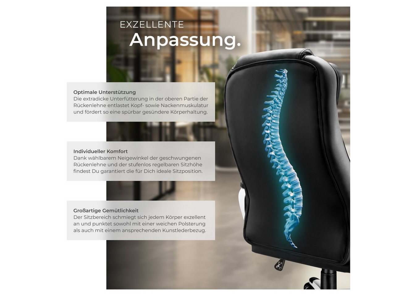 tectake Chefsessel Schreibtischstuhl mit extradicker Polsterung (buerostuhl ergonomisch Zulu, 1 St), verstärkte Nackenkopfstütze und Wippmechanik – Bild 4 von 5