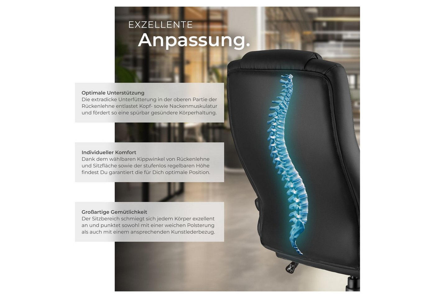 tectake Chefsessel Schreibtischstuhl mit Wippfunktion, 360° dreh-/höhenverstellbar (Drehstuhl MAFZ, 1 St), gepolsterte Armlehnen, dicke Kunstlederpolsterung, er – Bild 4 von 5