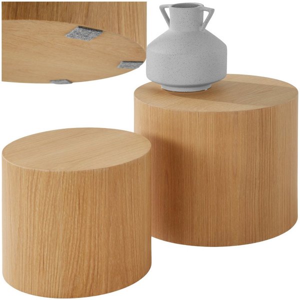 tectake Couchtisch 2er-Set Wohnzimmertisch, bodenschonende Filzgleiter, Eichefurnier (Sofatisch Danny, 1-St., in Eiche hell), In runder Form, furnierte MDF-Plat
