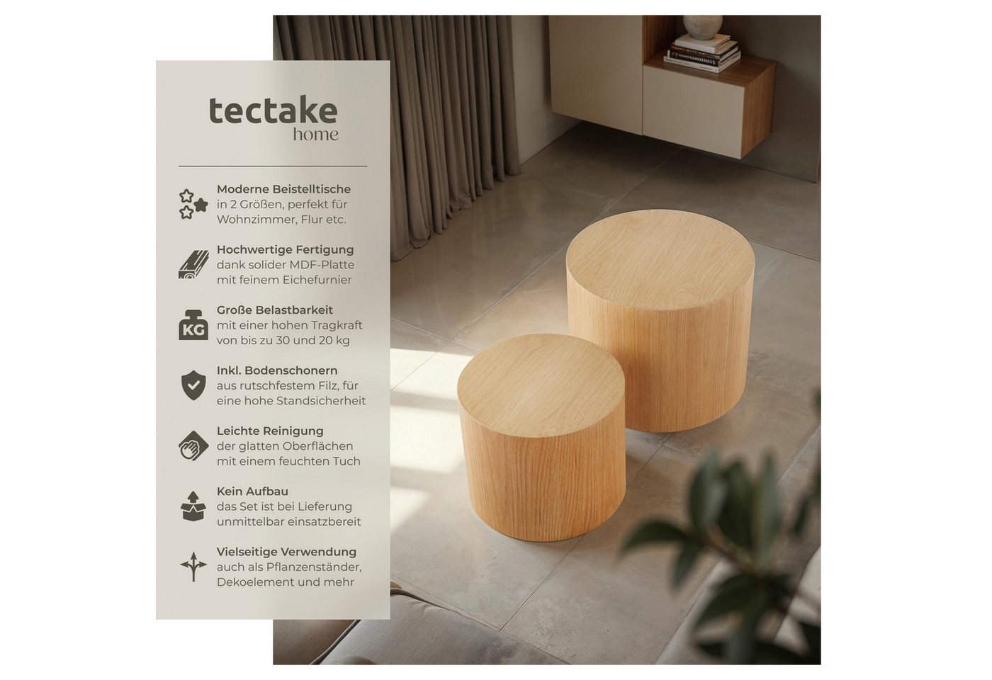 tectake Couchtisch 2er-Set Wohnzimmertisch, bodenschonende Filzgleiter, Eichefurnier (Sofatisch Danny, 1-St., in Eiche hell), In runder Form, furnierte MDF-Plat – Bild 2 von 5