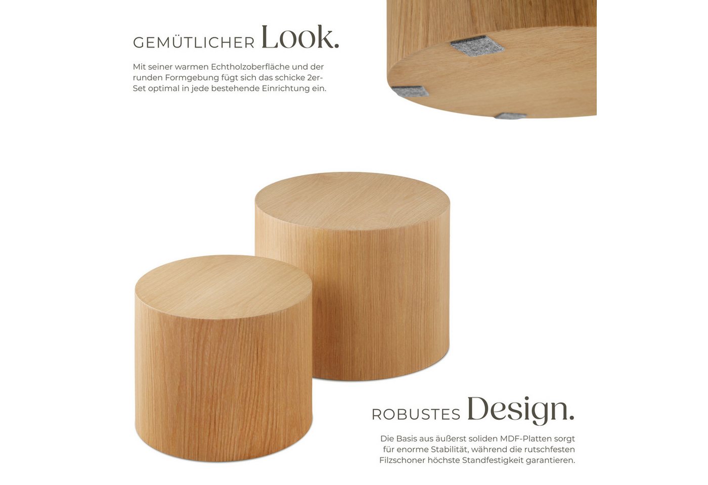 tectake Couchtisch 2er-Set Wohnzimmertisch, bodenschonende Filzgleiter, Eichefurnier (Sofatisch Danny, 1-St., in Eiche hell), In runder Form, furnierte MDF-Plat – Bild 3 von 5