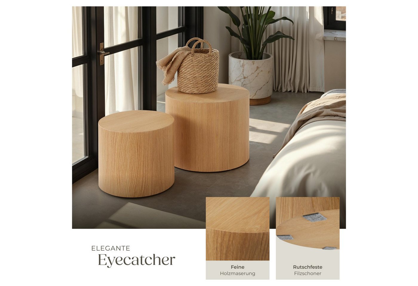tectake Couchtisch 2er-Set Wohnzimmertisch, bodenschonende Filzgleiter, Eichefurnier (Sofatisch Danny, 1-St., in Eiche hell), In runder Form, furnierte MDF-Plat – Bild 4 von 5