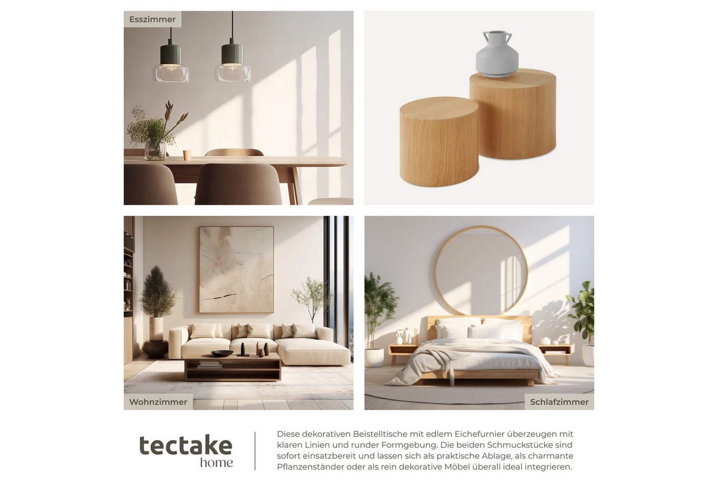 tectake Couchtisch 2er-Set Wohnzimmertisch, bodenschonende Filzgleiter, Eichefurnier (Sofatisch Danny, 1-St., in Eiche hell), In runder Form, furnierte MDF-Plat – Bild 5 von 5