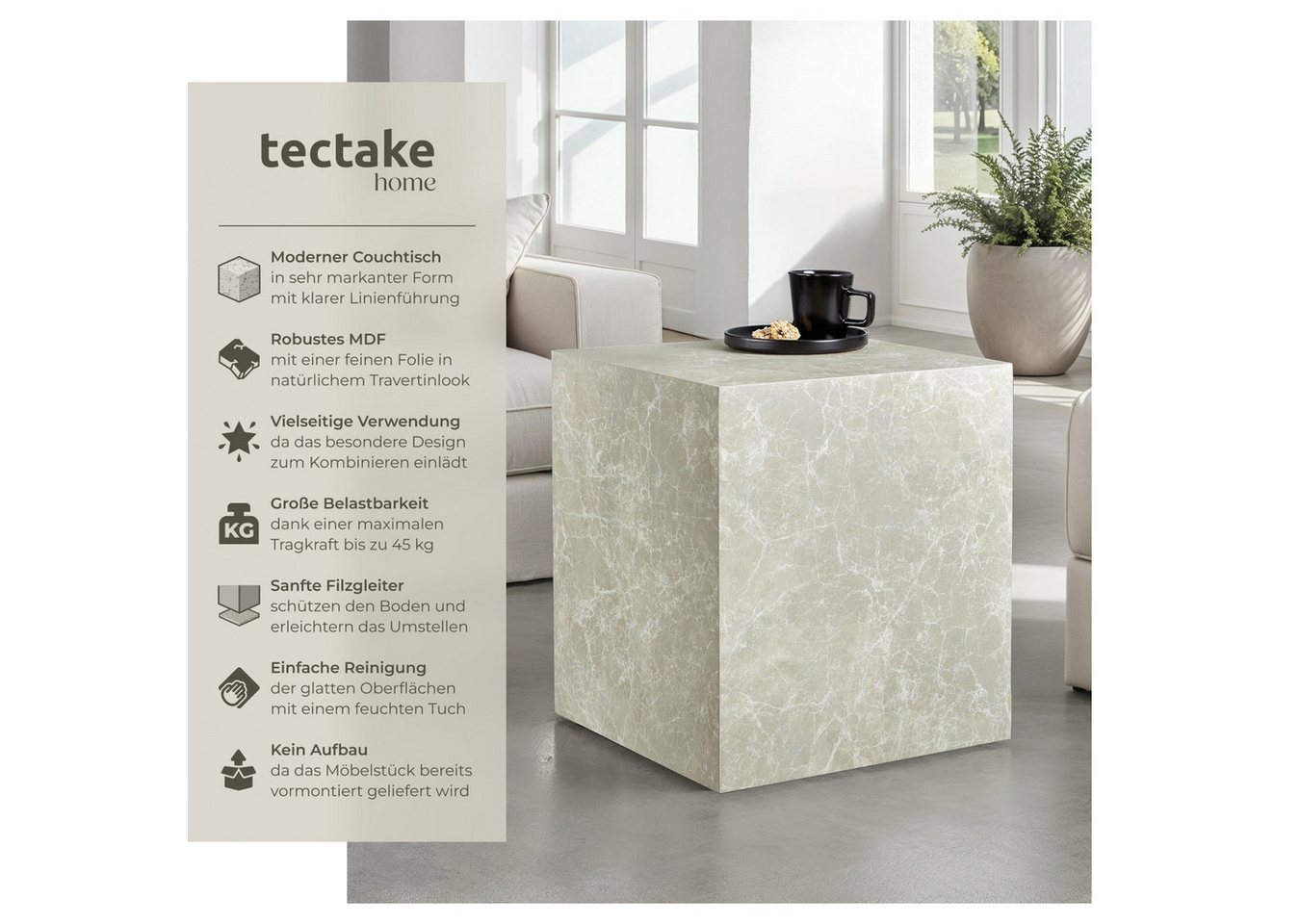 tectake Couchtisch Beistelltisch Inkl. Bodenschoner, Belastbarkeit 45 kg, 45 x 45 x 50 (Abstelltisch Lasley, 1-St., in Travertin Optik), minimalistisches Design – Bild 2 von 5