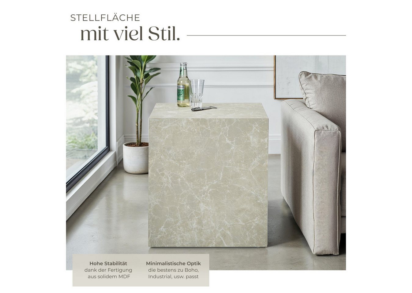 tectake Couchtisch Beistelltisch Inkl. Bodenschoner, Belastbarkeit 45 kg, 45 x 45 x 50 (Abstelltisch Lasley, 1-St., in Travertin Optik), minimalistisches Design – Bild 3 von 5