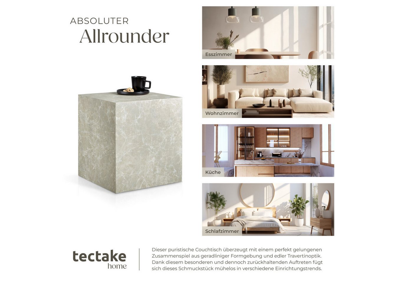 tectake Couchtisch Beistelltisch Inkl. Bodenschoner, Belastbarkeit 45 kg, 45 x 45 x 50 (Abstelltisch Lasley, 1-St., in Travertin Optik), minimalistisches Design – Bild 5 von 5