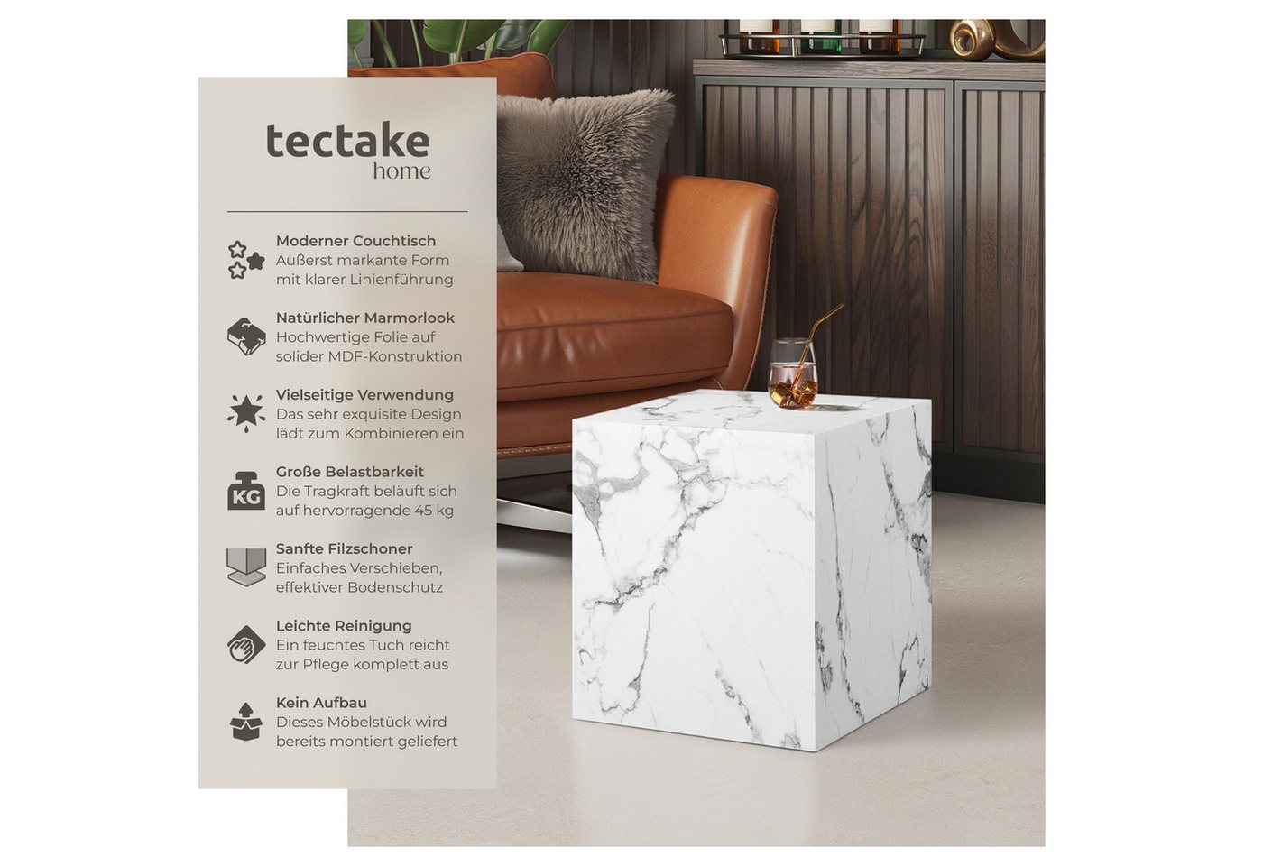 tectake Couchtisch Beistelltisch Inkl. Bodenschoner, Belastbarkeit 45 kg, 45 x 45 x 50 (Abstelltisch Lasley, 1-St., in Marmor Optik weiß), minimalistisches Desi – Bild 2 von 5