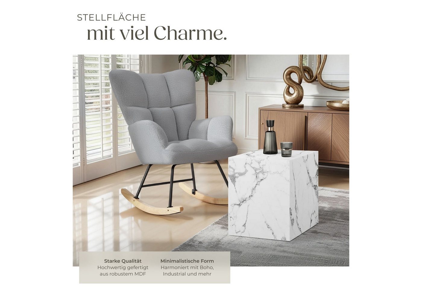 tectake Couchtisch Beistelltisch Inkl. Bodenschoner, Belastbarkeit 45 kg, 45 x 45 x 50 (Abstelltisch Lasley, 1-St., in Marmor Optik weiß), minimalistisches Desi – Bild 3 von 5