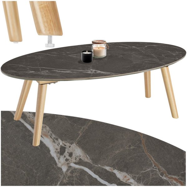 tectake Couchtisch Ovaler Wohnzimmertisch, Marmoroptik, höhenverstellbare (Sofatisch Acerra, 1-St., in natur), 100 x 50 x 34,5 cm, massive Holzbeine, wetterfest