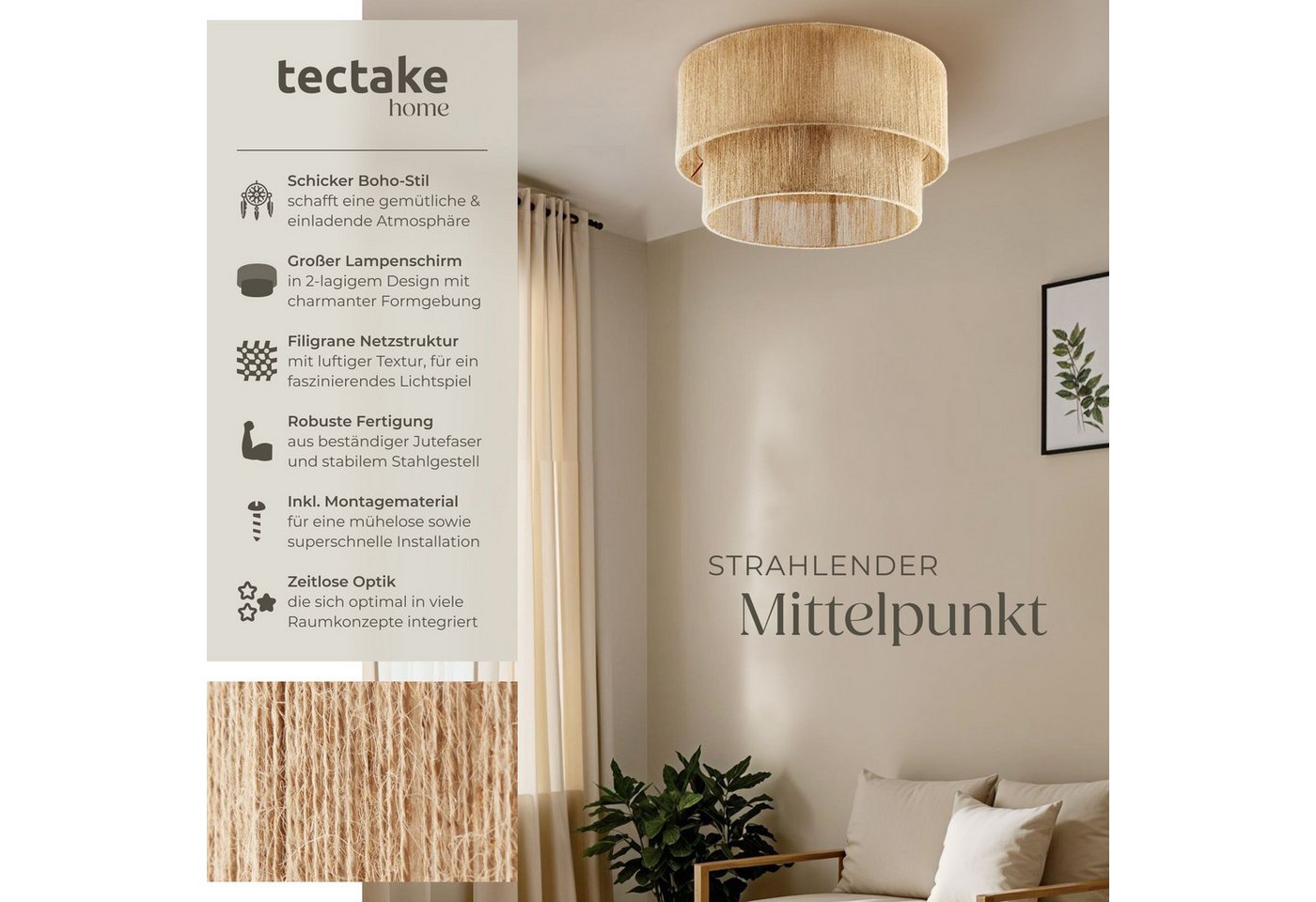 tectake Deckenleuchten Boho Jute-Lampe „Lignea Lux“ – Hängelampe aus Naturfaser 40W, Wickeltechnik, inkl. Montagematerial – Bild 2 von 5