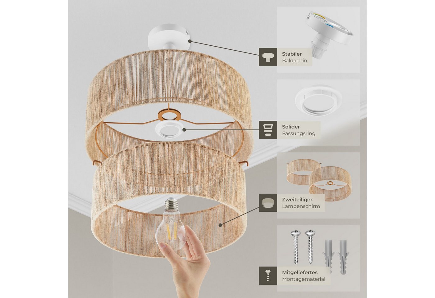 tectake Deckenleuchten Boho Jute-Lampe „Lignea Lux“ – Hängelampe aus Naturfaser 40W, Wickeltechnik, inkl. Montagematerial – Bild 3 von 5