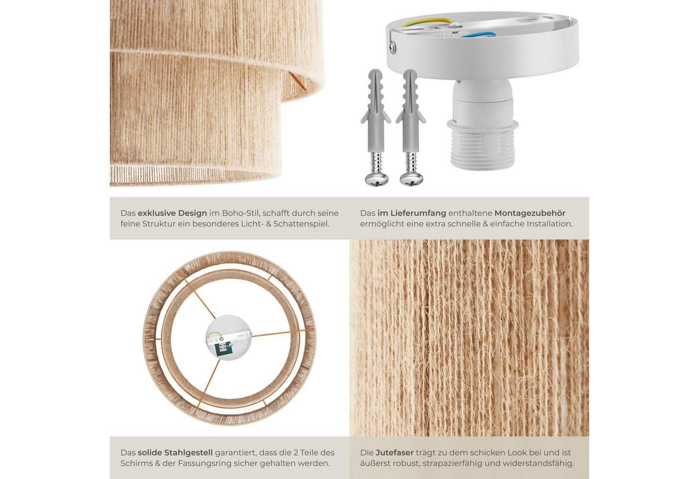 tectake Deckenleuchten Boho Jute-Lampe „Lignea Lux“ – Hängelampe aus Naturfaser 40W, Wickeltechnik, inkl. Montagematerial – Bild 5 von 5